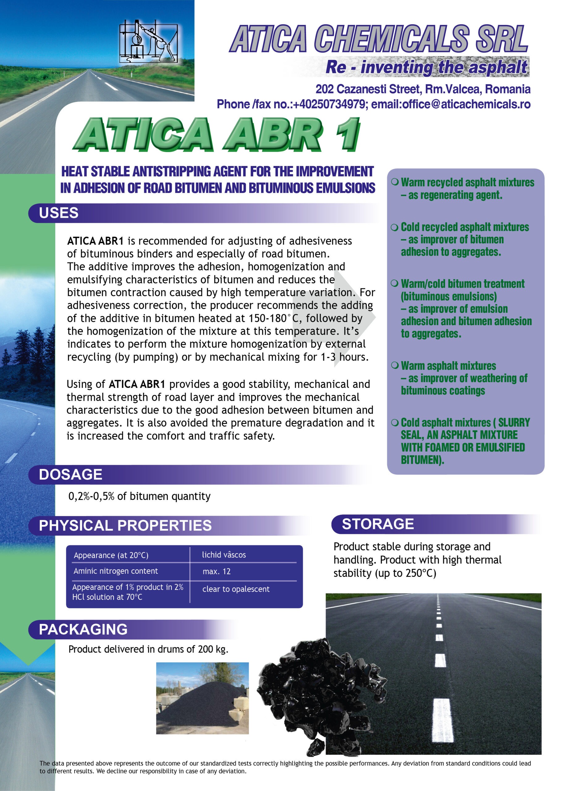 ATICA ABR 1 | Heat stable antistripping agent for the improvement in adhesion of road bitumen and bituminous emulsions